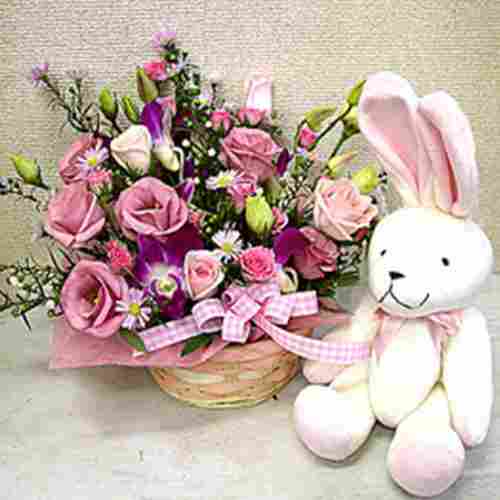 Pink Flower Basket With Rabbit - Congrats Flowers Delivery Japan