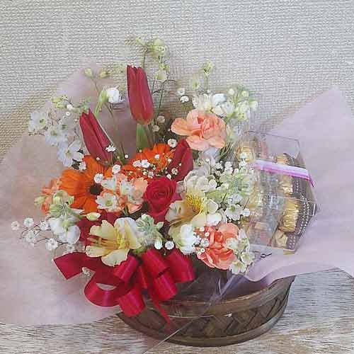 Chocolate And Flower Basket-Anniversary Surprise Ideas For Wife Deliver To Japan