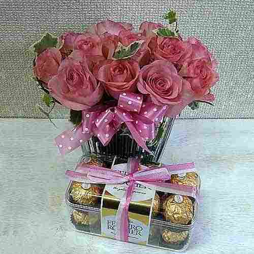 Dozen Pink Rose With Ferrero Rocher-Present Ideas For Girlfriend