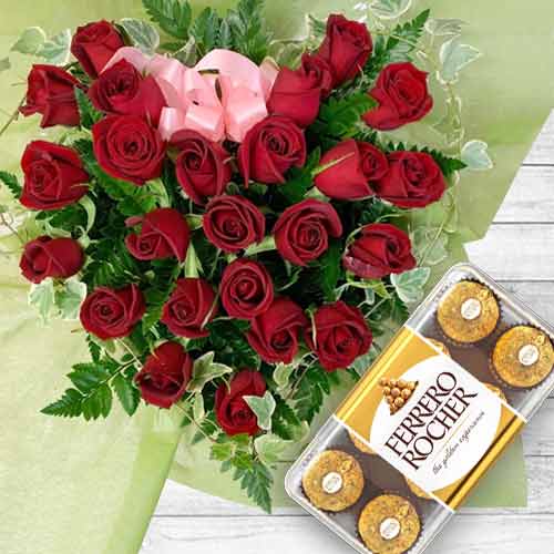 Heart Shape Red Rose With Ferrero-Flower For GF Birthday