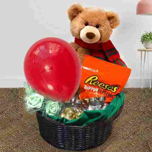 Delicious Chocolate Gift Basket With Teddy N Balloons Send Gifts