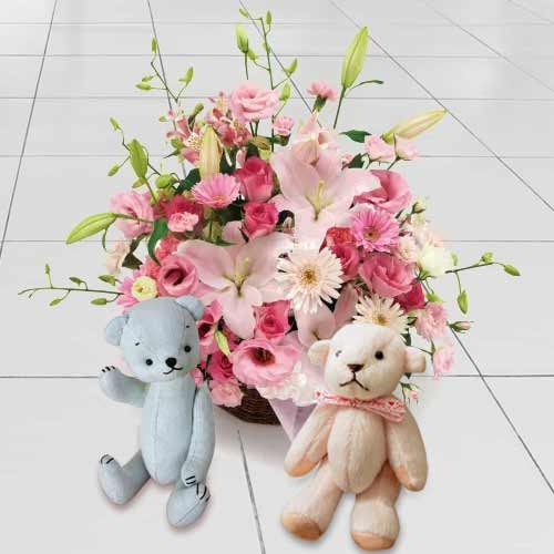 Teddy And Flowers In A Basket - - Order Flower Arrangements