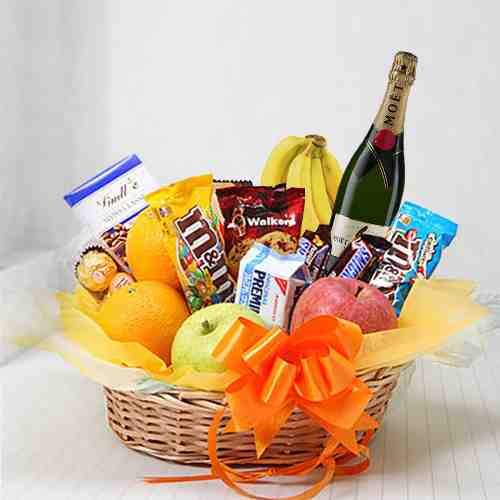 Fruit And Sweets And Moet-Alcohol Gift Baskets For Delivery