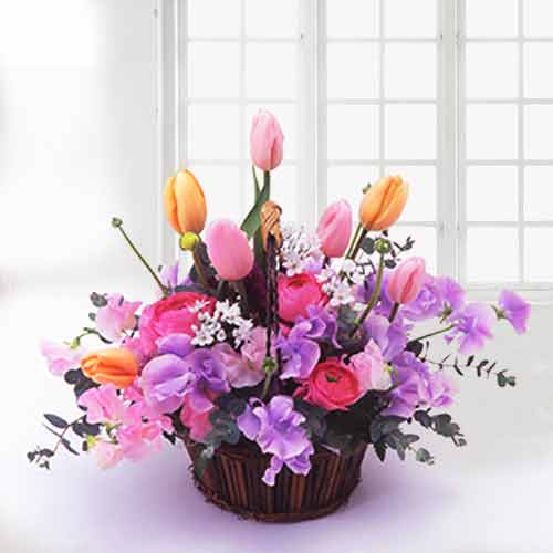 Red Tulip And Sweet Pea Basket-Valentine's Day Gifts Delivery For Her