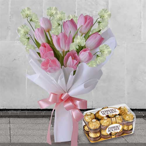 Pink Tulip And Sweet Pea And Rocher-Valentines Chocolate And Flower Delivery
