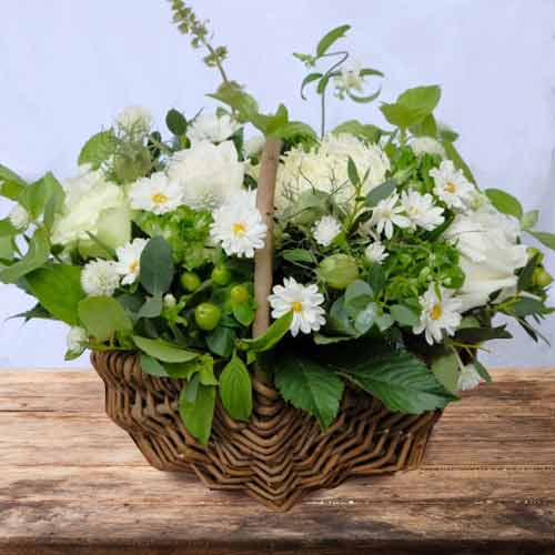White Flower Basket Arrangement-Send Flower Arrangements For Funeral