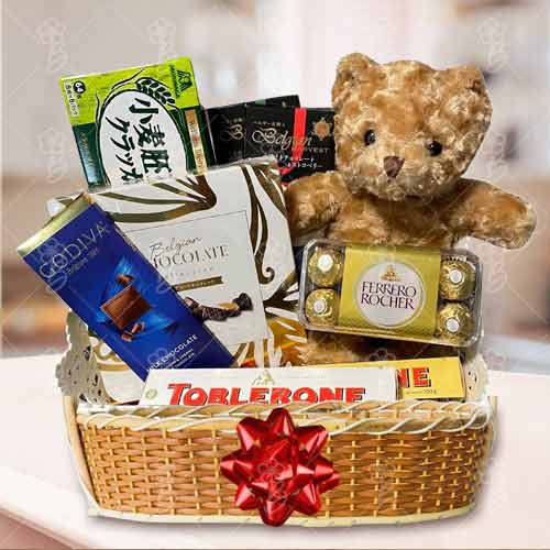 Chocolate With Cute Teddy Hamper-Valentine's Day Gifts For Her To Send