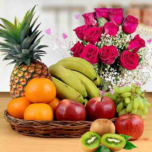 Fruits and Rose Bouquet-Fruit Basket For Anniversary