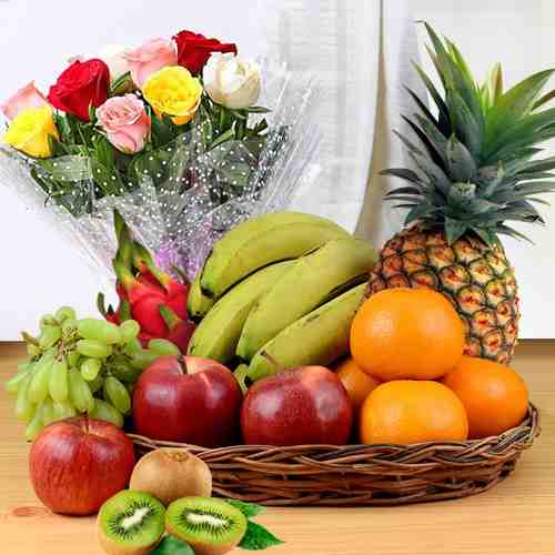 Fruits and Mixed Rose Bouquet-Get Well Fruit Basket Delivery