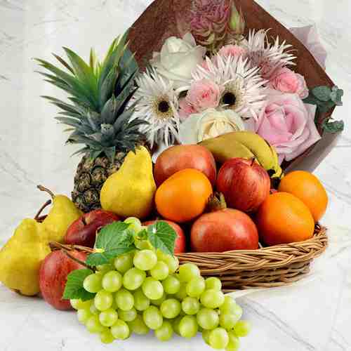 Fruits and Seasonal Flower Bouquet-Flower And Fruit Basket Delivery