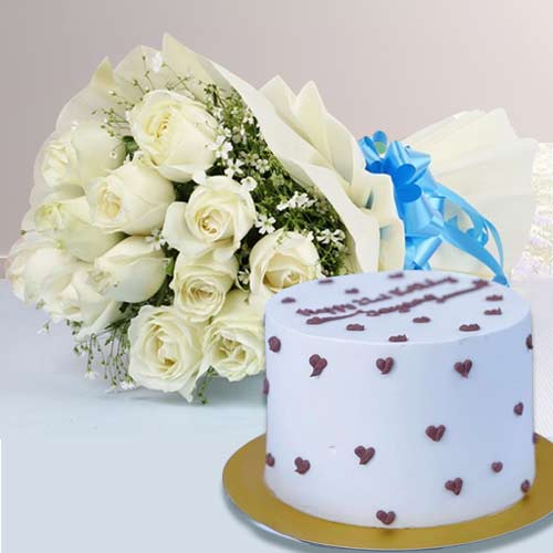 12 White Rose Bouquet with Cake