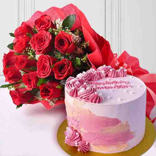 12 Red Roses Bouquet with Birthday Cake