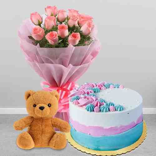 Rose with Cake and Teddy-Birthday Gifts For Mom