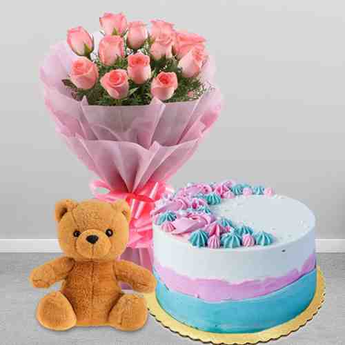 Rose With Cake And Teddy-Send Birthday Gifts For Daughter