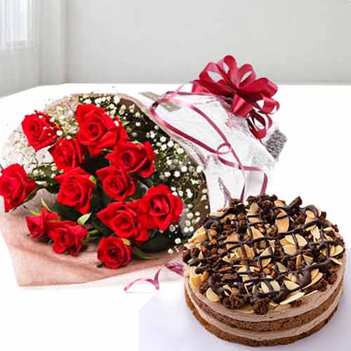 12 Red Rose Bouquet with Cake-Birthday Gifts For Mom From Son