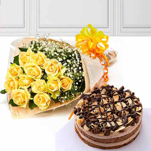 12 Yellow Rose Bouquet with Cake-Grandfather Birthday Gifts
