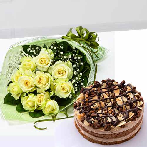12 White Rose Bouquet with Belgium Cake-Grandmother Mothers Day Gifts