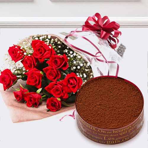 12 Red Rose Bouquet with Tiramisu Cake-Send Anniversary Gifts To Parents