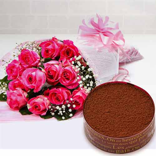 12 Pink Rose Bouquet with Tiramisu Cake-One Day Delivery Anniversary Gifts