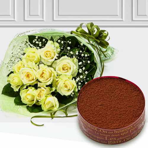 12 White Rose Bouquet with Tiramisu Cake-Send Rose And Cake