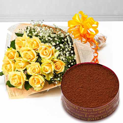 12 Yellow Rose Bouquet with Tiramisu Cake-Send Birthday Flower Cake Arrangement