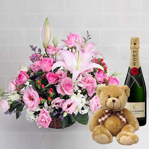 Teddy Champagne And Flower-Best Flowers To Give For Birthday