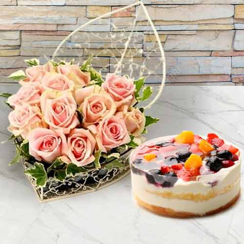 Dreamy Affection-Vday Pink Roses Heart Arrangement With Cake For Her