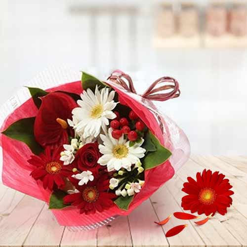 - Red & White Valentine’s Flower Bouquet For Her