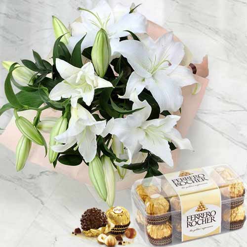 - Ferrero Rocher And White Lilies Bouquet For Her
