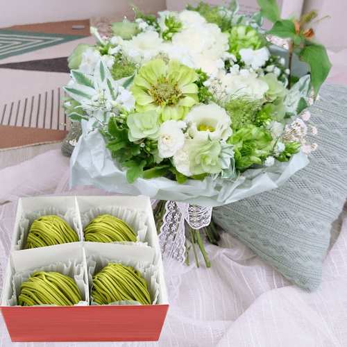 White And Green Arrangement With Matcha-Cake And Flower Combo