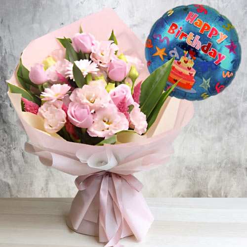 Balloon With Fresh Flowers-Send Flower And Balloon Bouquet Online