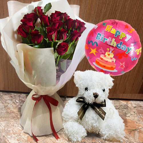 Rose Teddy With Birthday Balloon