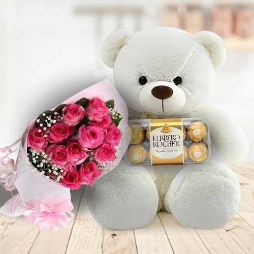 Love Trio-12 Pink Roses with Teddy and Chocolates