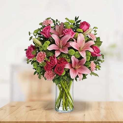 Elegant Pink Rose & Lily Vase Arrangement For Japan