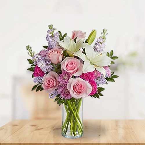 Luxury Pink Rose & White Lily Vase Arrangement For Japan