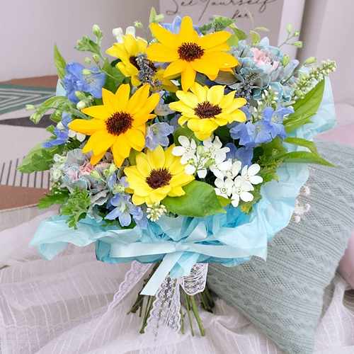 Summer Flower Arrangement With Blue Accents For Japan