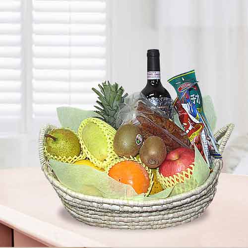 Wine And Fruit Basket-Flowers And Fruit Anniversary Gifts
