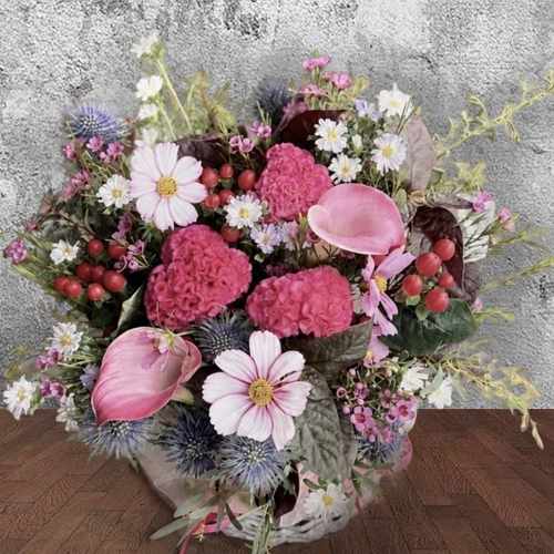 - Elegant Pink & Blue Flower Arrangement For Aged Day