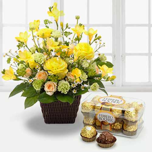 Yellow Flower Basket With Rocher-Flowers For Sick