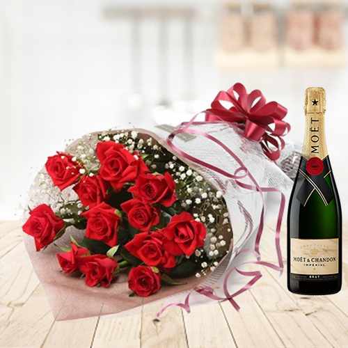 Red Rose With Champagne-Birthday Flowers Gift Set