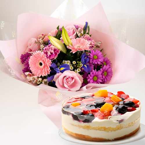 Bright Flower Arrangement With Cake-Birthday Gift For Mama