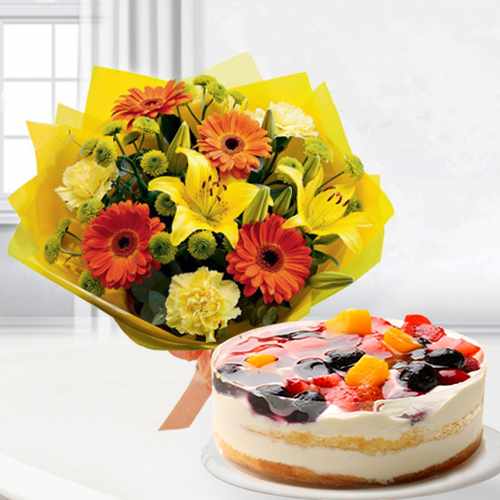 Bright Seasonal Flower Bouquet With Cake