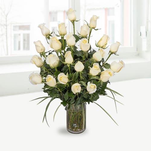 Radiant White Roses In A Vase-Flower For A Funeral Delivery